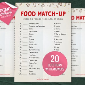 Food Match Up Trivia Game, Printable Party Games, Party Game for Kids and Adults, Fun Shower Game, Match Up Quiz, Instant download