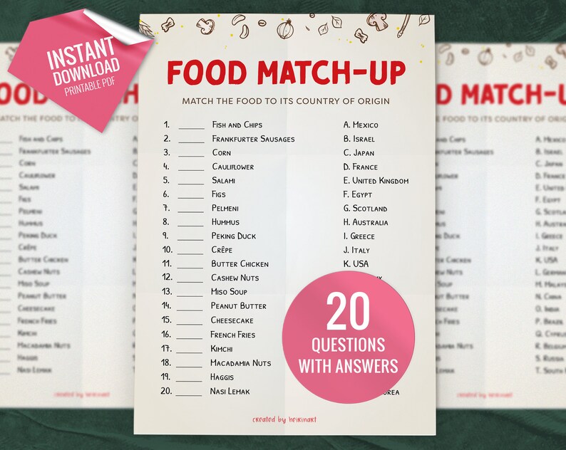 Food Match up Trivia Game, Printable Party Games, Party Game for Kids