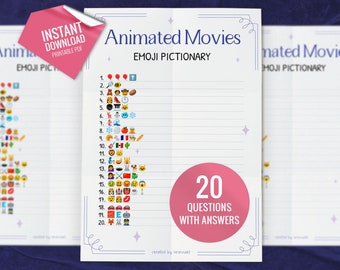 Filmes animados Emoji Pictionary, jogos de festa para impressão, atividades divertidas em família, jogo de festa para crianças e adultos, download digital