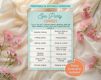 Pode incluir: Um cartão de jogo de charadas de festa de spa imprimível com fundo azul claro e texto branco. O cartão apresenta uma lista de ideias de charades com tema de spa, como aplicar maquiagem, encher travesseiros, acender velas, fazer ioga, aplicar protetor solar, usar uma bomba de banho, cantar karaoke, lavar a louça na pia, colher flores, fazer um piquenique, usar fatias de pepino nos olhos, pintar as unhas, fazer uma massagem no couro cabeludo e aplicar bálsamo labial. O cartão também inclui o texto "Convite para a festa incluído".