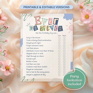 Puede incluir: Un juego imprimible "Siempre o Nunca" para una fiesta de cumpleaños. El juego presenta una lista de preguntas sobre el cumpleañero, con casillas para marcar "Siempre" y "Nunca". El juego está decorado con garabatos coloridos y un esquema de color azul y rosa.