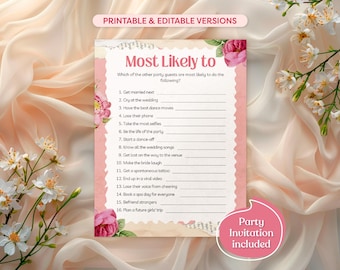 May include: A pink and white printable bridal shower game card with the title "Most Likely To" and a list of 16 questions. The card features a floral design with pink roses.