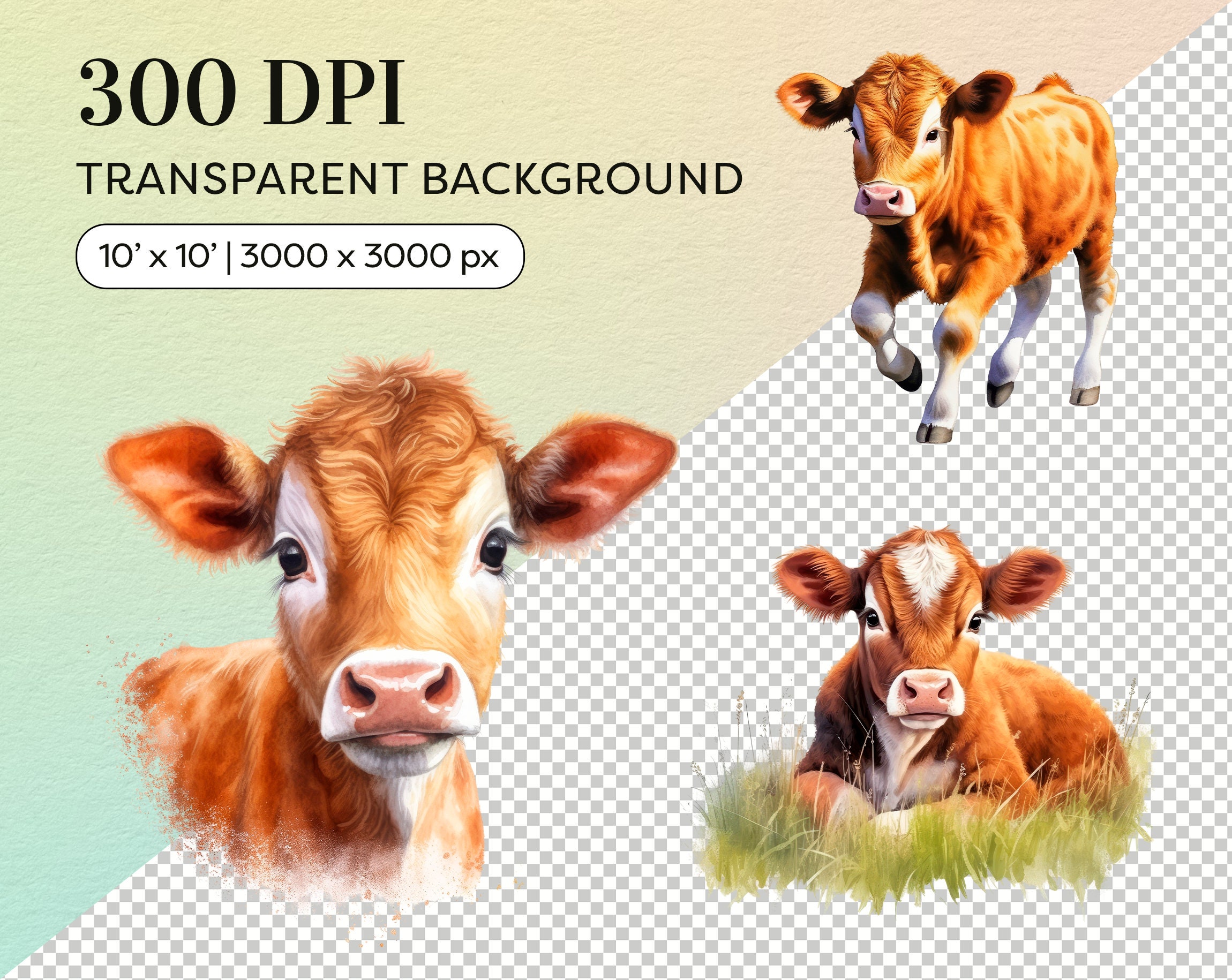 Watercolor Baby Cow Clipart - Cute Cow PNG - Commercial Use - Baby Farm ...