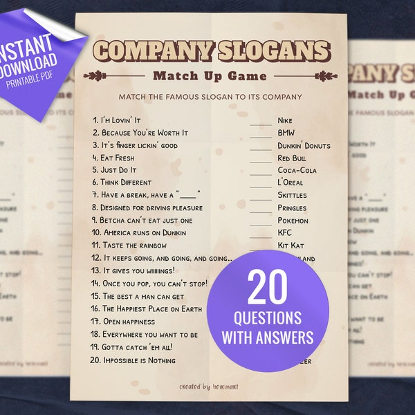 Company Slogans Match Up Trivia Game, Printable Party Games, Party Game for Kids and Adults, Fun Shower Game, Match Up Quiz,Instant download