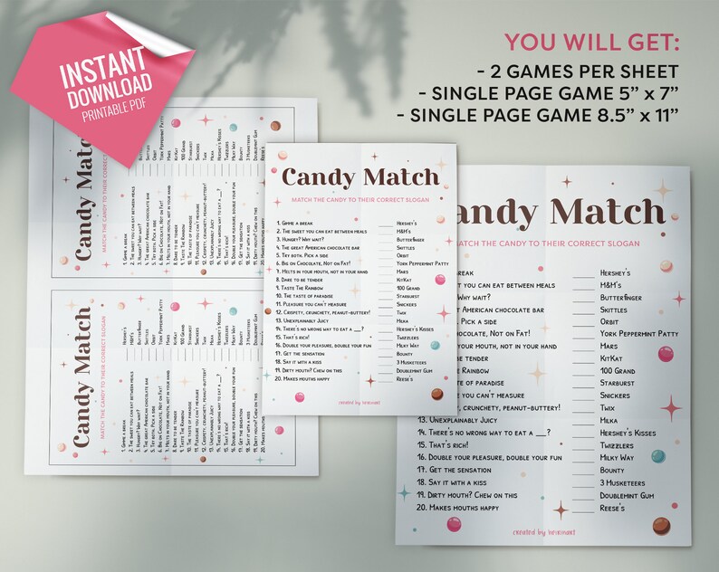 Candy Match up Trivia Game, Printable Party Games, Party Game for Kids