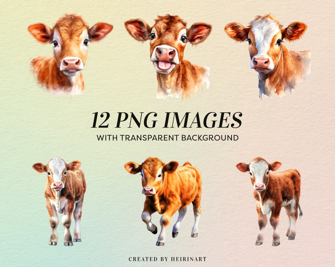 Watercolor Baby Cow Clipart - Cute Cow PNG - Commercial Use - Baby Farm ...