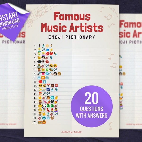 Famous Music Artists Emoji Pictionary, Printable Party Games, Party Game for Kids and Adults, Fun Shower Game, Emoji Quiz, Instant download