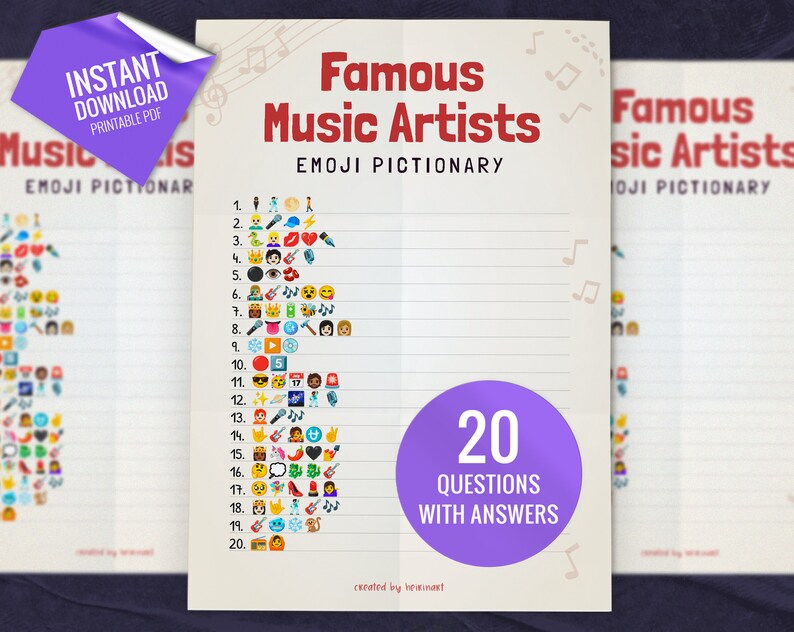 Famous Music Artists Emoji Pictionary, Printable Party Games, Party Game for Kids and Adults, Fun Shower Game, Emoji Quiz, Instant download image 1