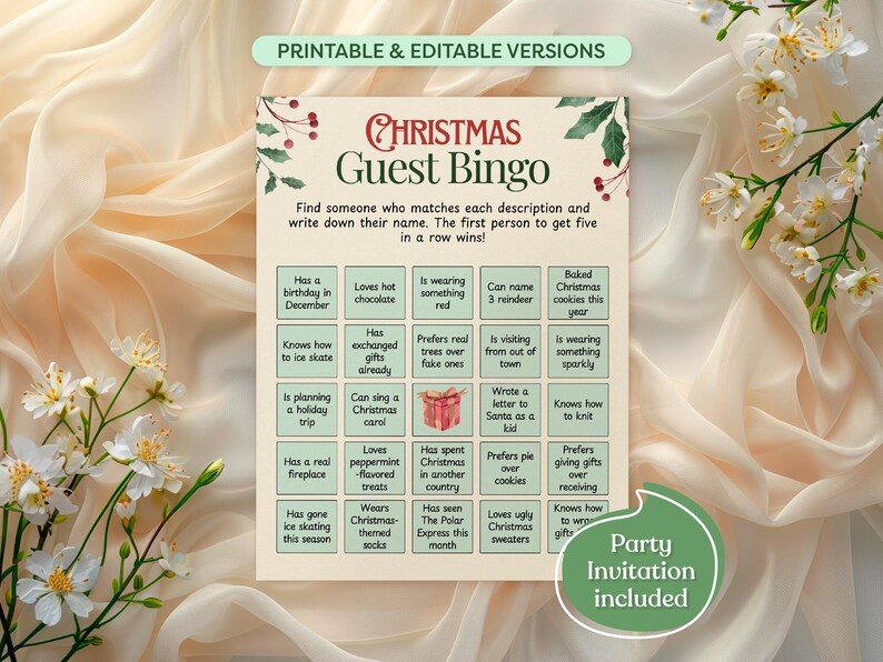Guest Bingo Christmas Game, Printable &amp; Editable Game, Fun Family ...