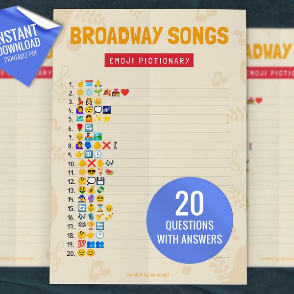 Broadway Songs Emoji Pictionary, Printable Party Games, Fun Emoji Quiz, Broadway Music Emoji Game, Shower Game Activity, Instant download