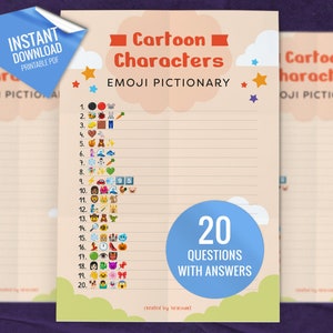 Cartoon Characters Emoji Pictionary, Printable Party Games, Birthday Party Game, Fun Family Activity, Digital Download