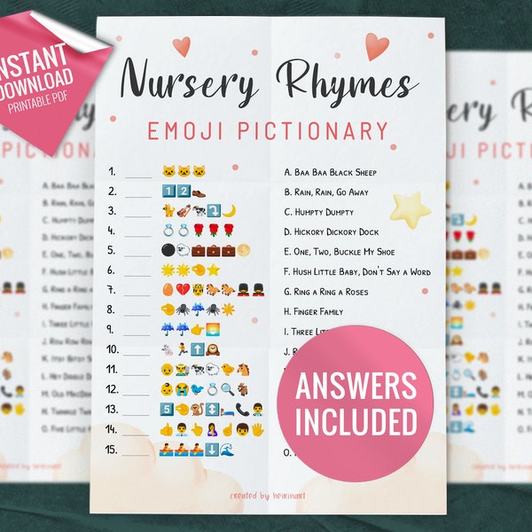 Nursery Rhymes Emoji Pictionary, Baby Shower Game, Printable Party Games, Printable Baby Game, Baby Shower Idea, Instant download