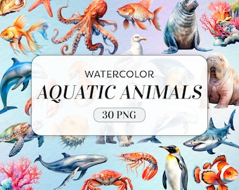 Aquatic Animals Clipart - Watercolor Sea Animals PNG - Commercial Use - Ocean Animals - Nursery Art Illustrations - Instant Download