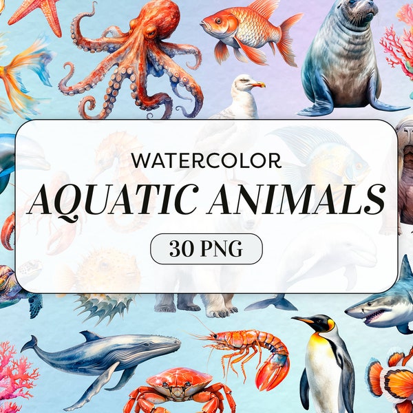 Wassertiere Clipart - Aquarell Meerestiere PNG - kommerzielle Nutzung - Ozean Tiere - Kinderzimmer Art Illustrationen - Instant Download