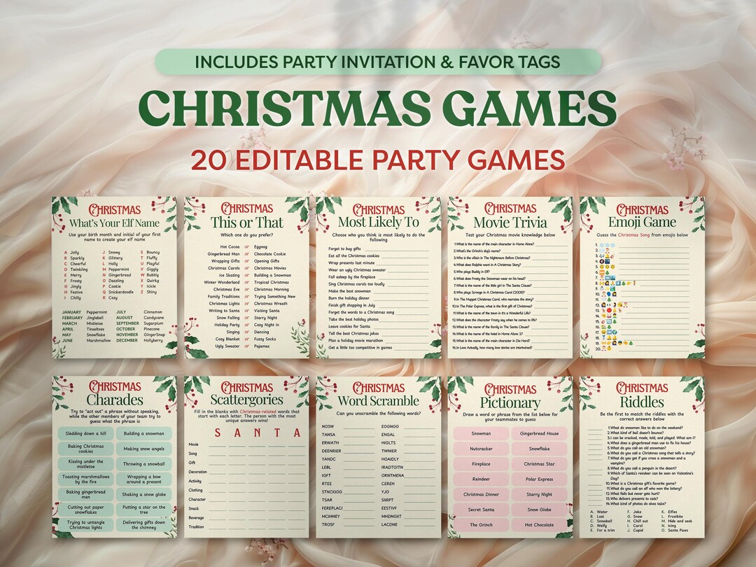 Christmas Party Games, 20 Printable & Editable Game Bundle, Canva ...