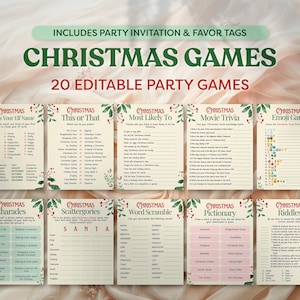 May include: A set of 20 printable Christmas party games with a festive green and red color scheme. The games include "What's Your Elf Name", "This or That", "Most Likely To", "Movie Trivia", "Emoji Game", "Charades", "Scattergories", "Word Scramble", "Pictionary", and "Riddles".