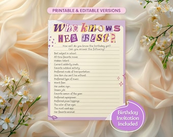Who Knows Her Best Birthday Game For Her, Printable Editable Party Game, Canva Template Fun Teens Tweens Party Activity, Birthday Invitation