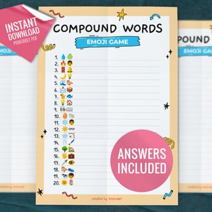 Compound Words Emoji Pictionary, Printable Party Games, Fun Family Activity, Emoji Quiz, Party Game for Kids and Adults, Digital Download