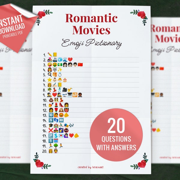 Romantische films Emoji Pictionary, afdrukbare partygames, leuke familieactiviteit, partyspel voor kinderen en volwassenen, direct downloaden