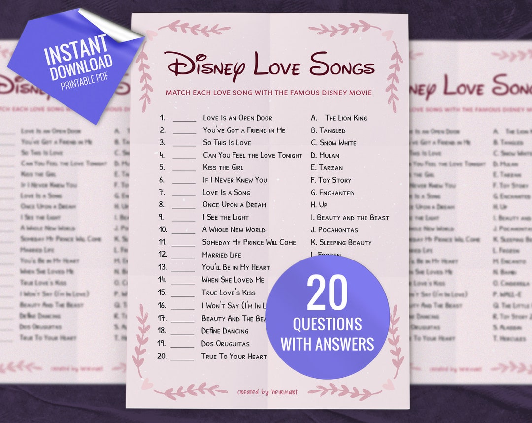 Disney Love Songs Match up Trivia Game, Printable Party Games, Party ...