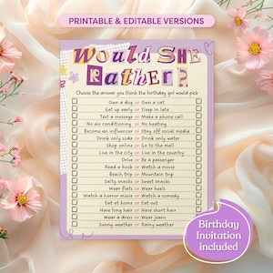 Puede incluir: Un juego imprimible "Would She Rather?" con un esquema de color rosa y morado. El juego presenta una lista de 16 preguntas con dos opciones para cada pregunta. El texto "Birthday Invitation Included" está en la parte inferior de la página.