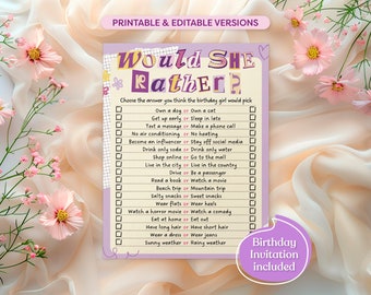 Would She Rather Birthday Girl Game, Printable Editable Birthday Game, Canva Template, Fun Teens Tweens Party Activity, Birthday Invitation