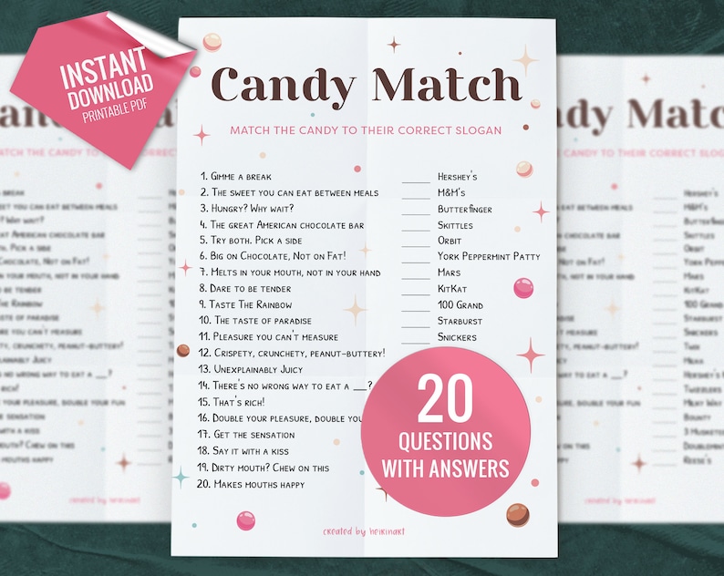 Candy Match up Trivia Game, Printable Party Games, Party Game for Kids
