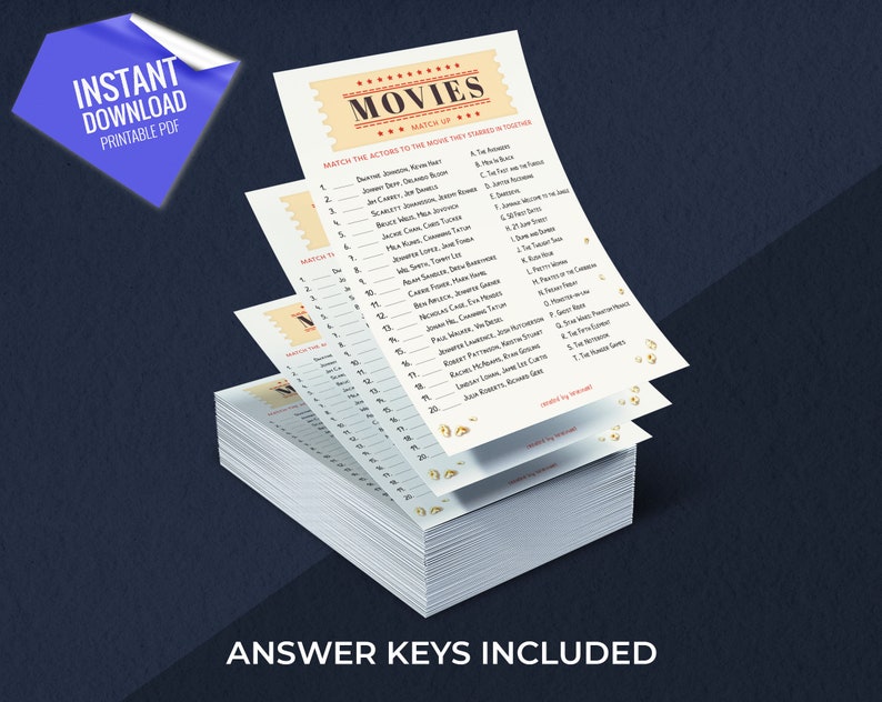 Movies Match up Trivia Game, Printable Party Games, Party Game for Kids