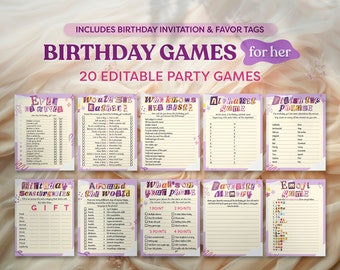 Birthday Party Games For Her, 20 Editable Printable Game Bundle, Canva Template, Fun Teens & Tweens Party Activity, Birthday Invitation