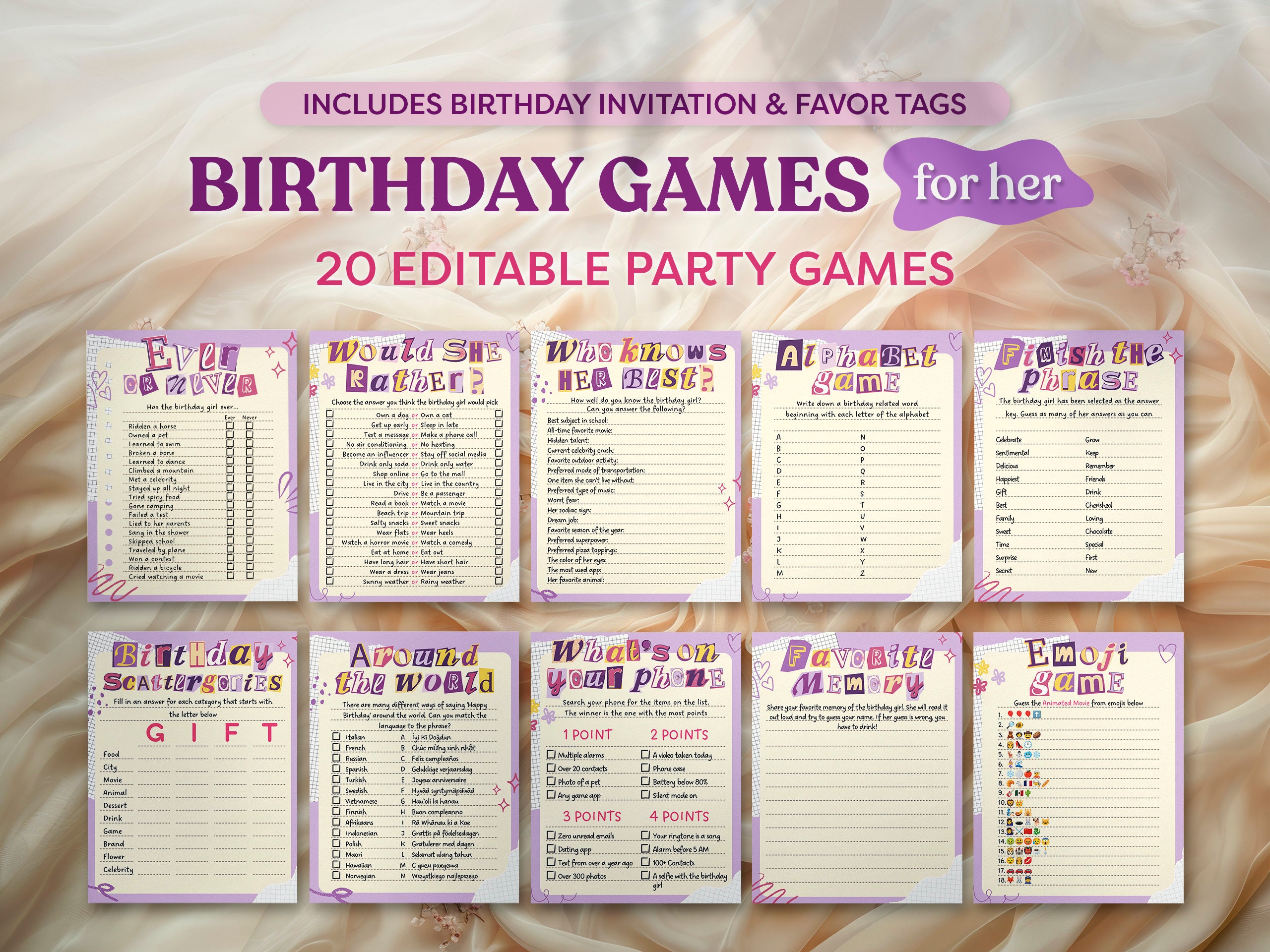 Birthday Party Games For Her, 20 Editable Printable Game Bundle, Canva Template, Fun Teens & Tweens Party Activity, Birthday Invitation