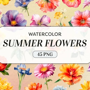 Watercolor Summer Flowers Clipart - Watercolor Flowers PNG - Commercial Use - Summer Clipart - Watercolor Floral Art - Digital Download