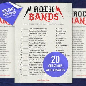 Rock Bands Match Up Trivia-Spiel, druckbare Partyspiele, Gesellschaftsspiel für Kinder und Erwachsene, lustiges Duschspiel, Match Up Quiz, sofortiger Download