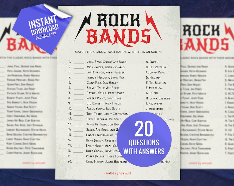 Rock Bands Match up Trivia Game, Printable Party Games, Party Game for ...
