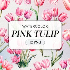 Watercolor Pink Tulip Clipart - Watercolor Flowers - Commercial Use - Tulip Flower Bouquet - Watercolor Floral Art - Digital Download