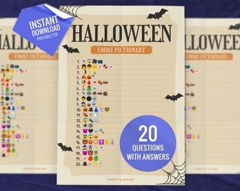 May include: A printable Halloween emoji game with 20 questions and answers. The game features a list of numbers 1 through 20 with an emoji next to each number. The emojis are related to Halloween themes. The game is designed to be played with friends and family.
