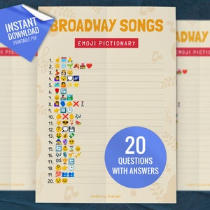Broadway Songs Emoji Pictionary, Printable Party Games, Fun Emoji Quiz, Broadway Music Emoji Game, Shower Game Activity, Digital Download