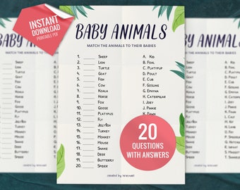 Gioco a quiz sugli abbinamenti di cuccioli di animali, giochi di società stampabili, giochi di società per bambini e adulti, divertenti giochi per la doccia, quiz di abbinamento, download istantaneo