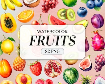 Watercolor Fruits Clipart - Watercolor Fruits PNG - Commercial Use - Summer Juicy Fruits Clipart - Fruits Illustrations - Instant Download