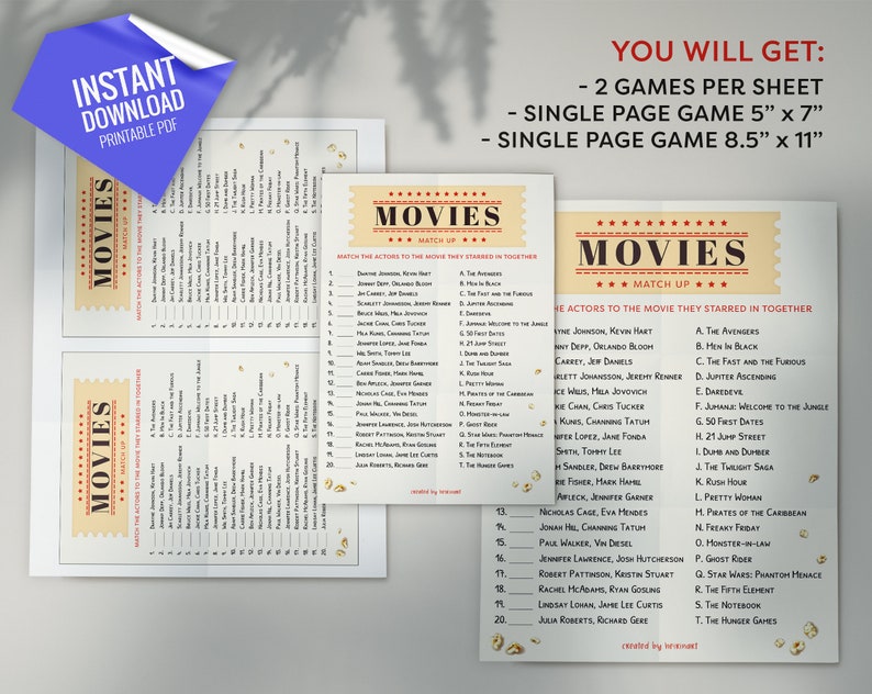 Movies Match up Trivia Game, Printable Party Games, Party Game for Kids