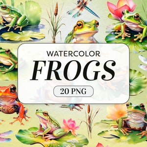 Clipart de sapos em aquarela - Cute Frogs PNG - Uso comercial - Alta qualidade - Lily Pads, Taboa, Dragon Fly Graphics - Download digital