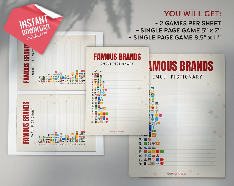 Famous Brands Emoji Pictionary, Printable Party Games, Party Game for