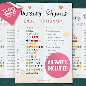Nursery Rhymes Emoji Pictionary, Baby Shower Game, Printable Party Games, Printable Baby Game, Baby Shower Idea, Digital Download