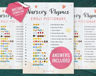Nursery Rhymes Emoji Pictionary, Baby Shower Game, Printable Party Games, Printable Baby Game, Baby Shower Idea, Digital Download