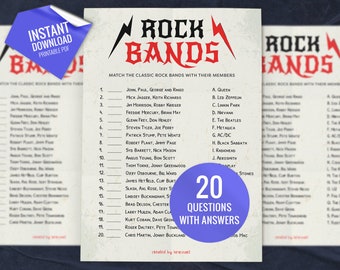 Rock Bands Match Up Trivia Game, Printable Party Games, Party Game for Kids and Adults, Fun Shower Game, Match Up Quiz, Instant download