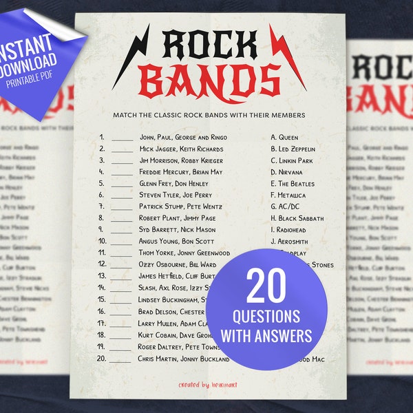 Rock Bands Match Up Trivia Game, Printable Party Games, Party Game for Kids and Adults, Fun Shower Game, Match Up Quiz, Instant download