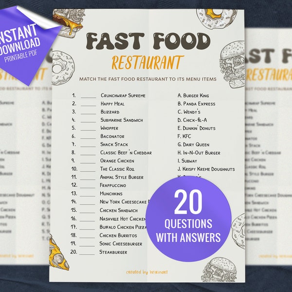 Fast Food Trivia Printable - Etsy