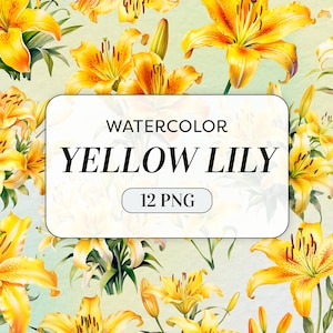 Clipart de lírio amarelo aquarela - Flores em aquarela PNG - Uso comercial - Buquê de flores de lírio - Arte floral em aquarela - Download digital