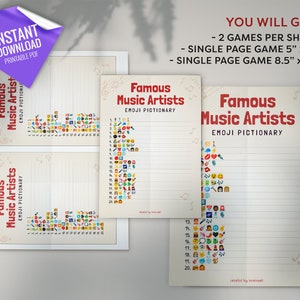 Famous Music Artists Emoji Pictionary, Printable Party Games, Party Game for Kids and Adults, Fun Shower Game, Emoji Quiz, Instant download image 2