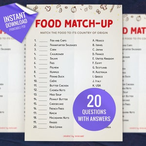 Food Match Up Trivia Game, Printable Party Games, Party Game for Kids and Adults, Fun Shower Game, Match Up Quiz, Instant download