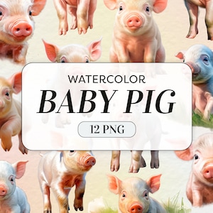 Watercolor Baby Pig Clipart - Cute Piglet PNG - Commercial Use - Baby Farm Animals Clipart - Nursery Wall Art - Digital Download